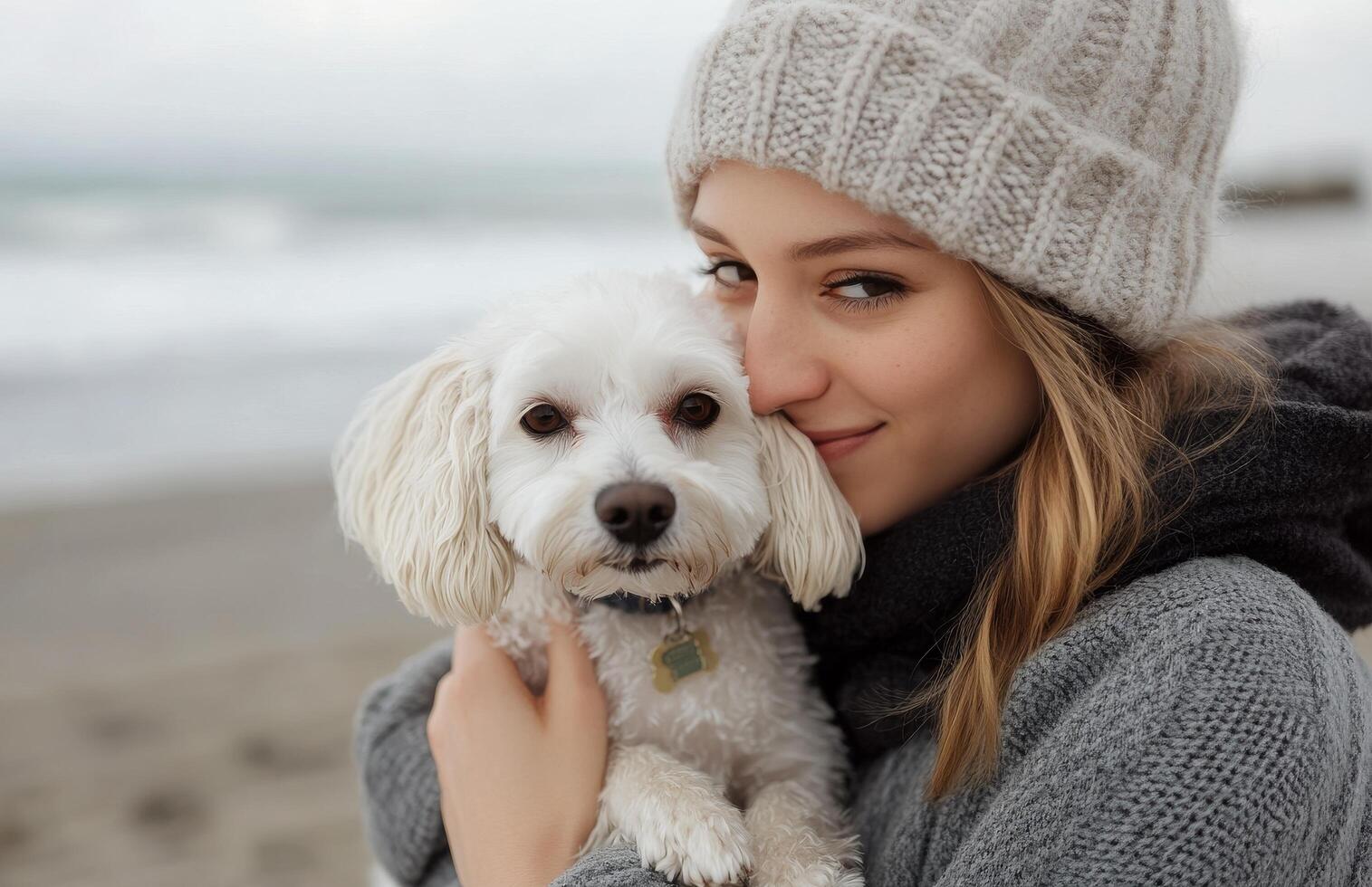 Woman holds her fluffy dog on a beach during sunset near a calm ocean photo