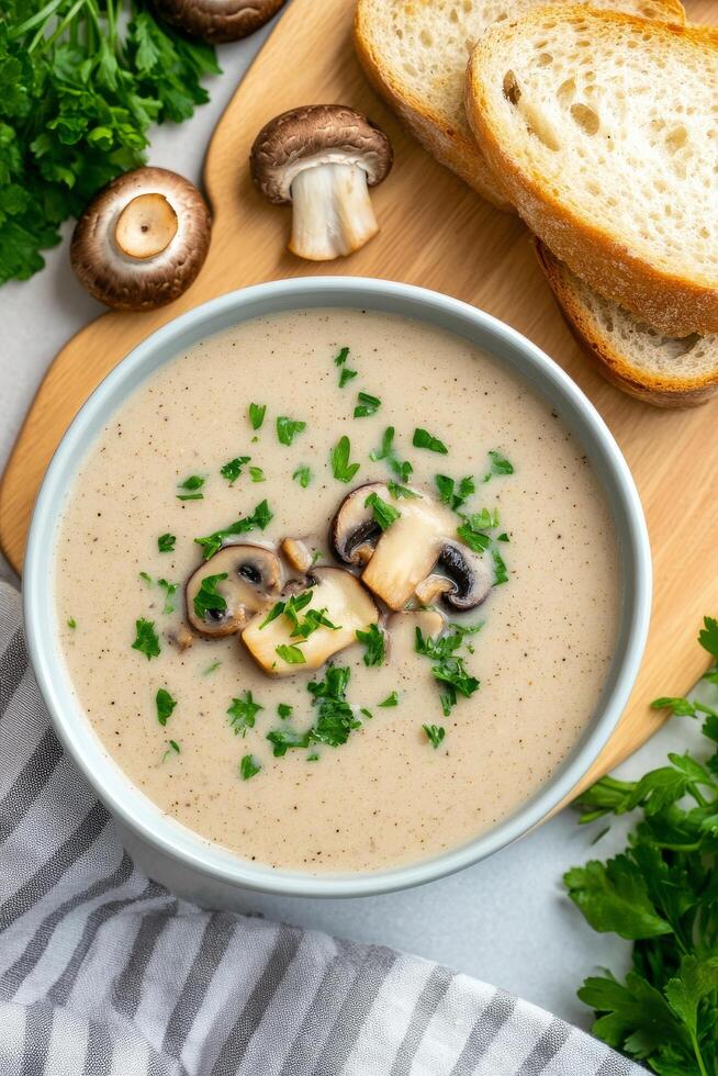 Creamy mushroom soup served with sliced bread on a wooden cutting board photo