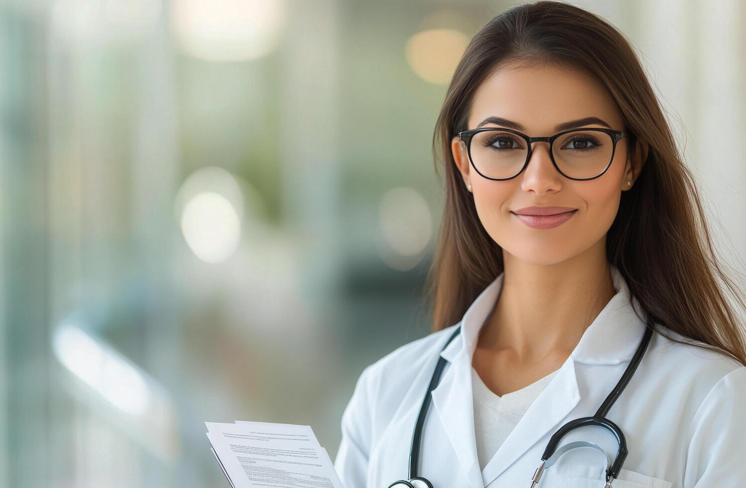 A smiling healthcare professional in a clinic holding a clipboard during daylight hours photo