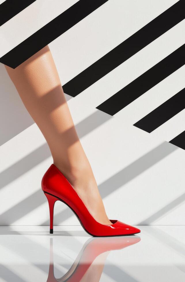 Red high heel shoe next to striped black and white wall in bright indoor setting photo