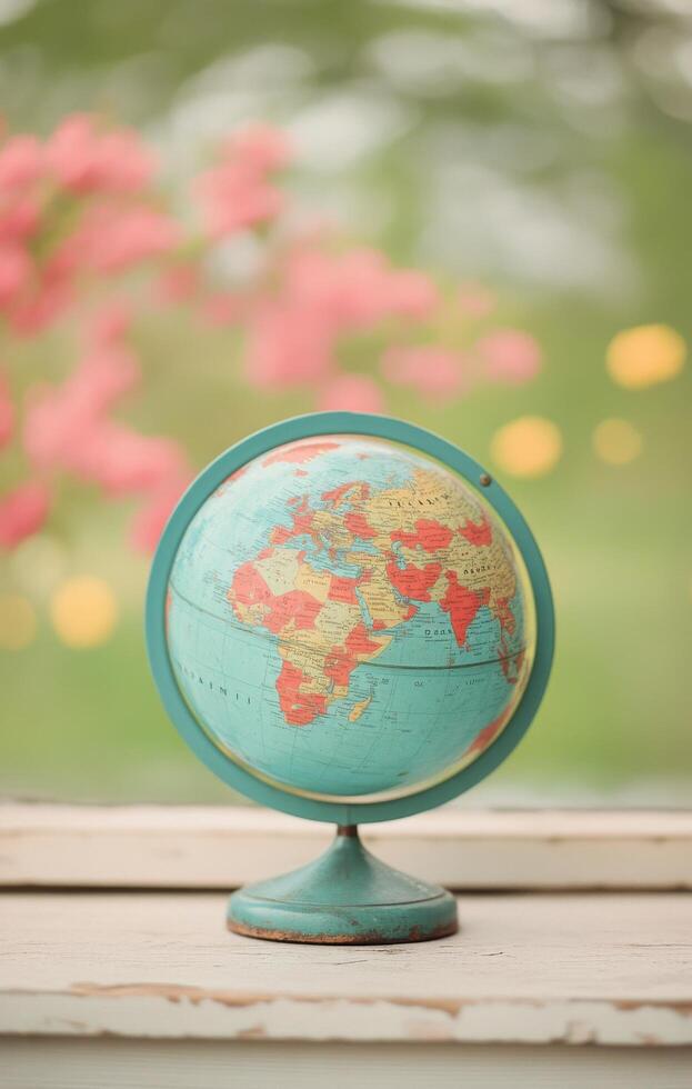 Vintage globe on wooden table with blurred flowers in the background during daytime photo