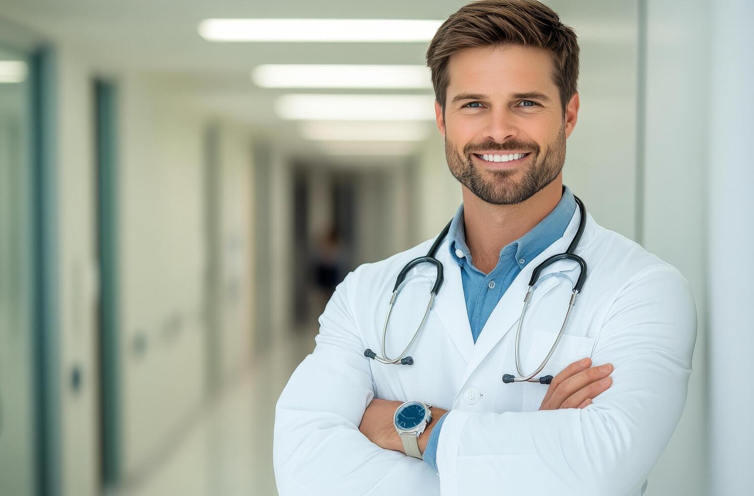 Young doctor stands confidently in a modern hospital corridor during the day photo