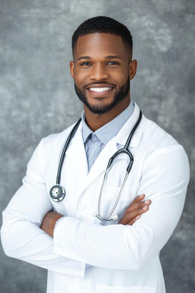 Smiling doctor in a white lab coat with a stethoscope posing confidently indoors photo