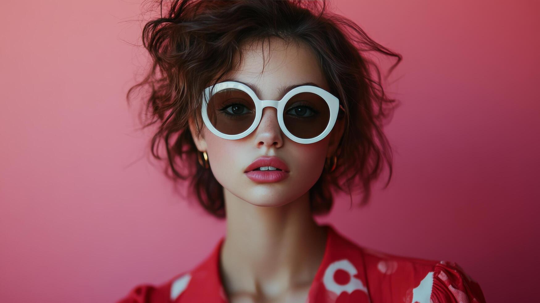 Young woman wearing stylish sunglasses and a vibrant orange top against a pink background photo