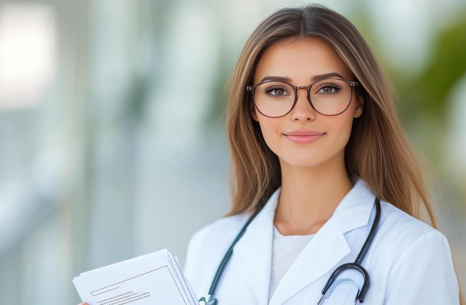 A smiling healthcare professional in a clinic holding a clipboard during daylight hours photo