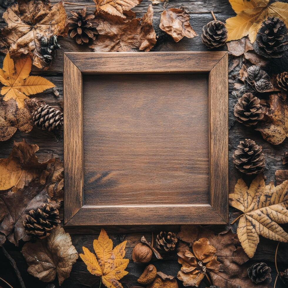 Wooden frame surrounded by autumn leaves and pinecones on a rustic wooden surface photo