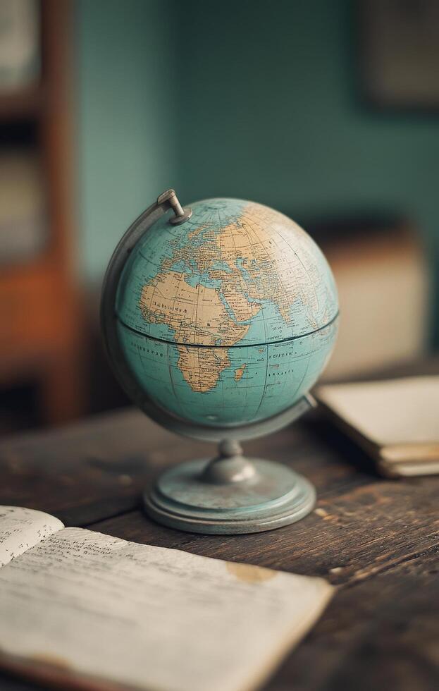 Vintage globe resting on a wooden table in a classroom setting photo