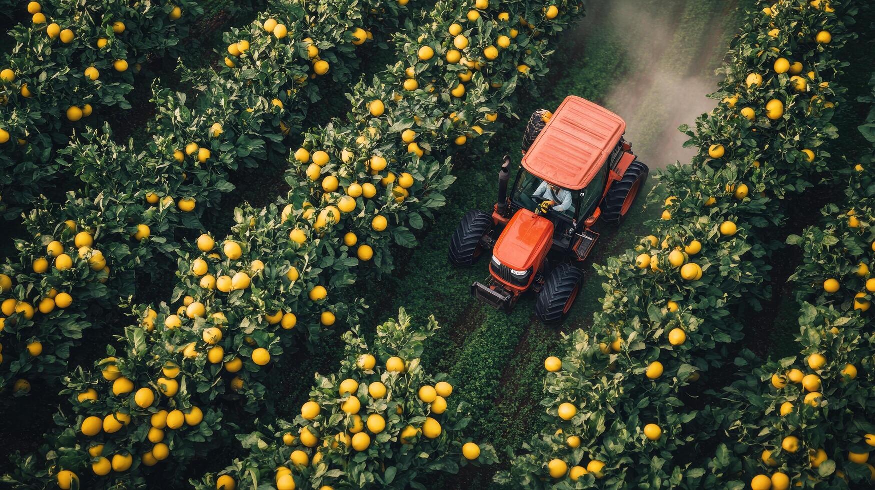 Tractor spraying pesticide in a citrus grove during daytime photo