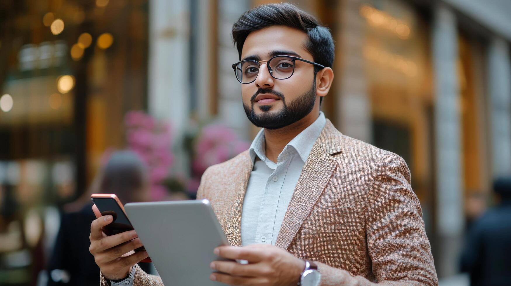 Young professional in a blazer using a tablet and smartphone on a bustling city street photo