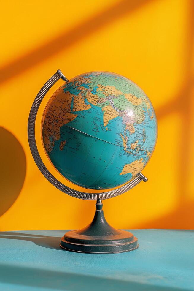Vintage globe on a wooden stand against a vibrant yellow wall photo