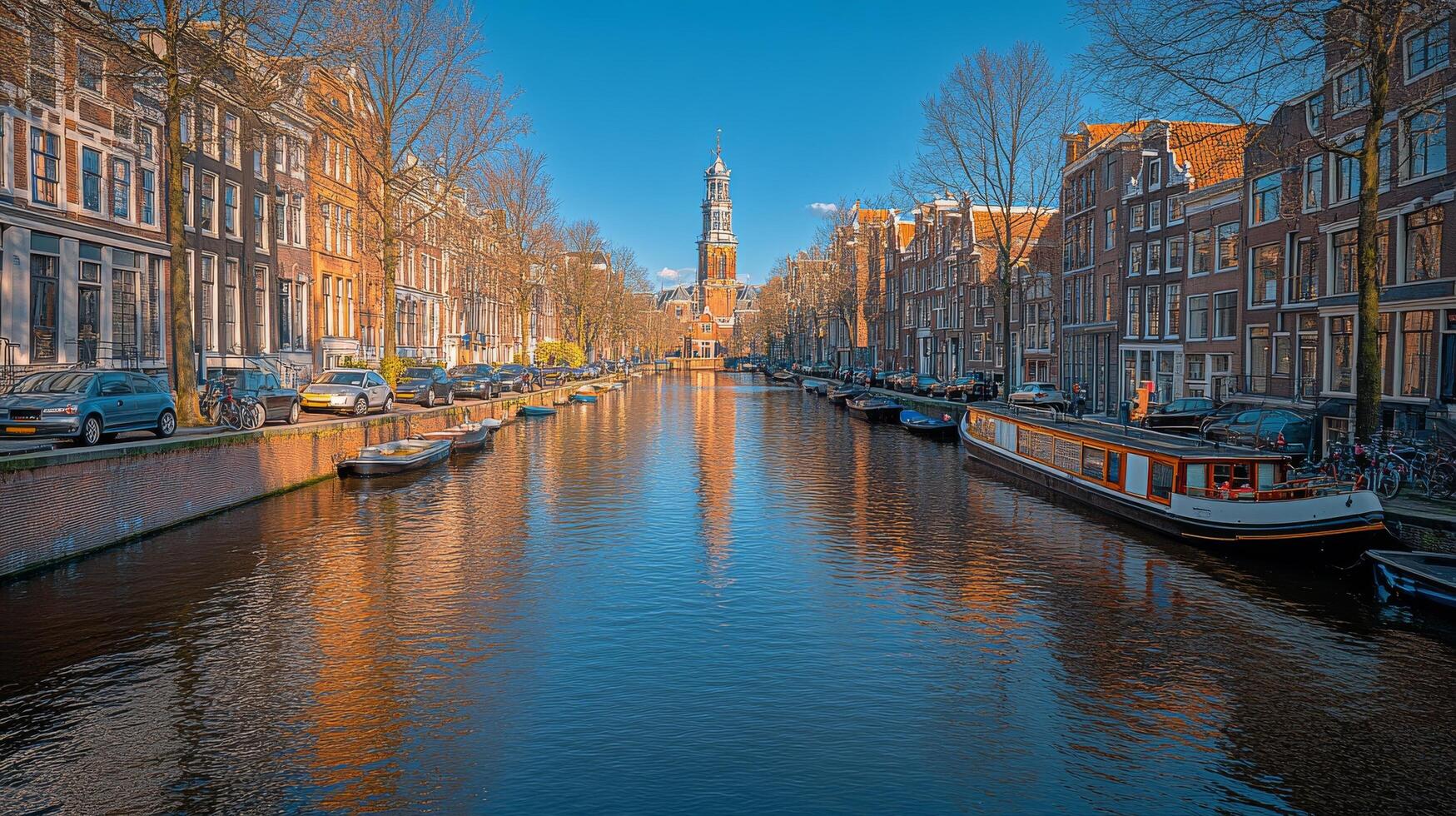 Scenic view of a canal with historic buildings and a boat in Amsterdam during sunset photo