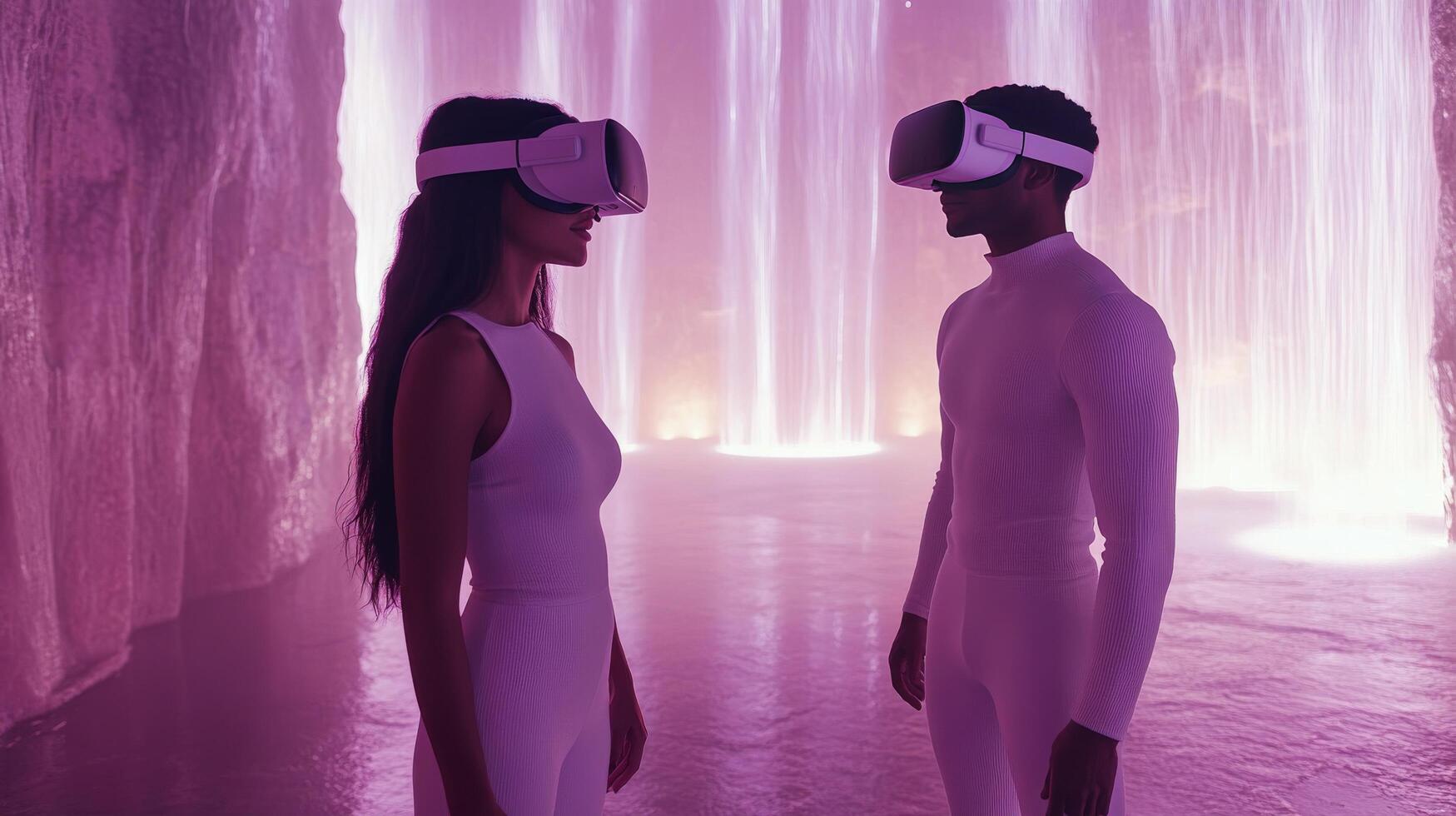 Young women in virtual reality headsets interact under neon lights at a modern event space photo