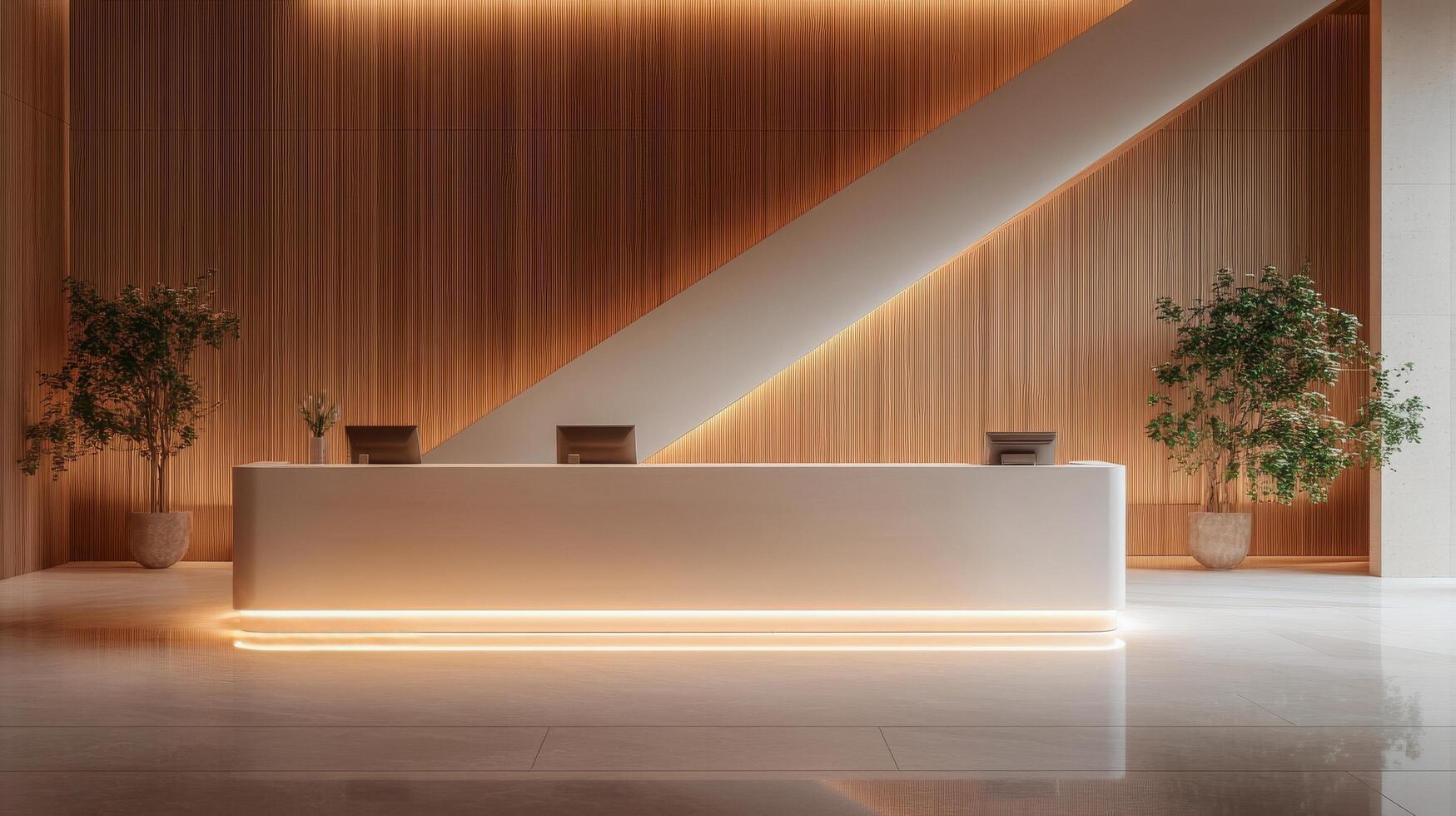 Modern reception area with stylish staircase and warm wooden accents in a contemporary building photo