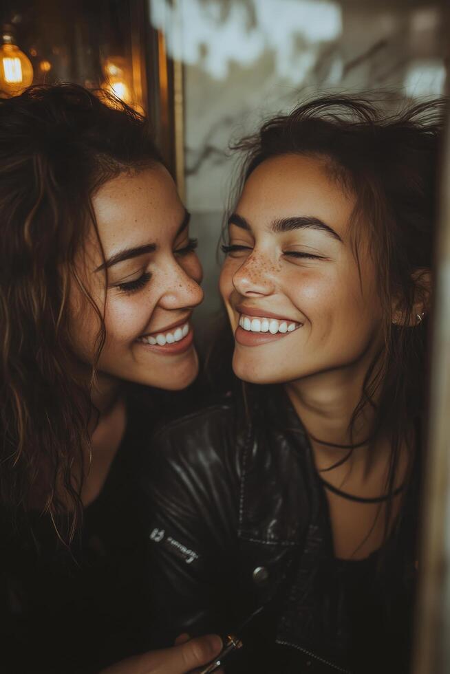 Two women enjoying a joyful makeup session in a bright bathroom with tiled walls photo