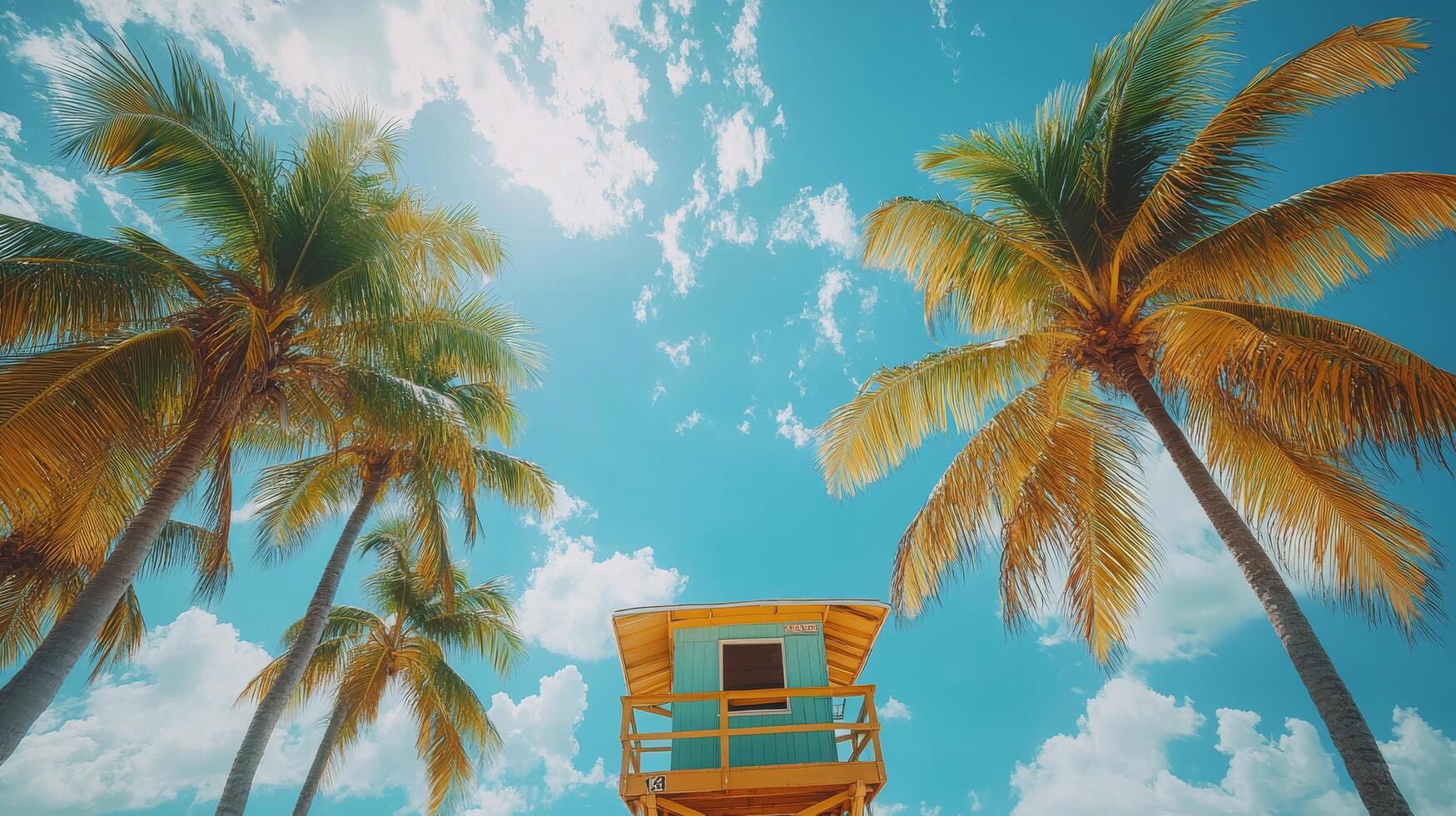Bright tropical beach with lifeguard tower and palm trees under sunny blue sky photo