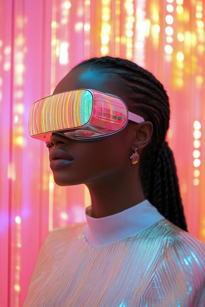 Woman using virtual reality headset in artistic indoor setting during daylight photo