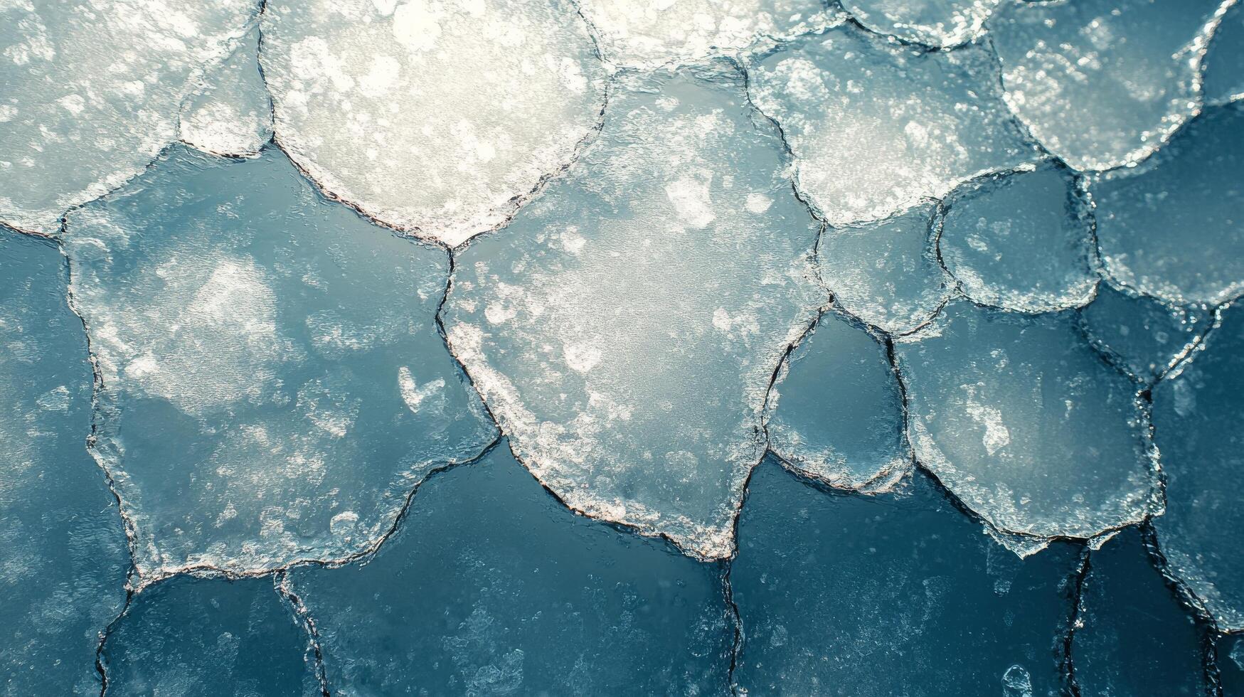 Cracked blue ice with clear water beneath at a frozen lake during winter photo