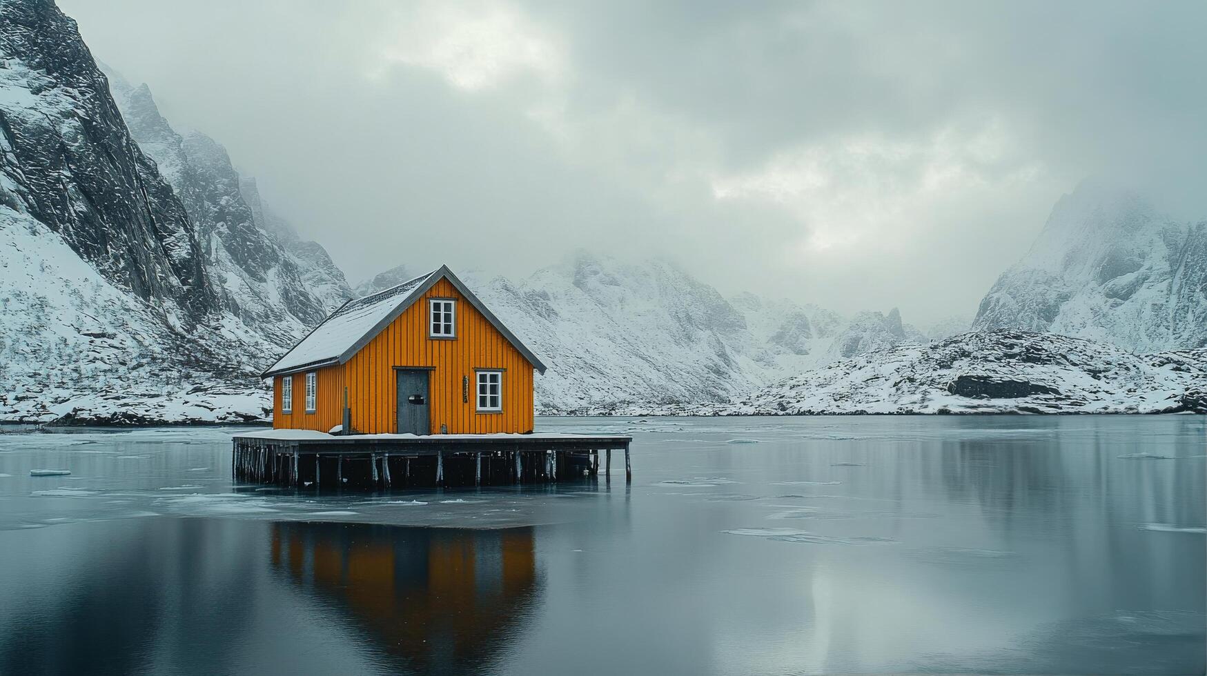 Bright orange cabin by a snow-covered lake surrounded by mountains on a cloudy day photo