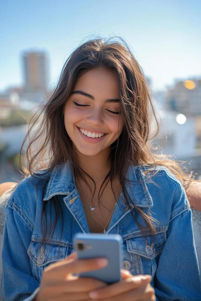 Young woman with curly hair using smartphone in colorful urban setting photo