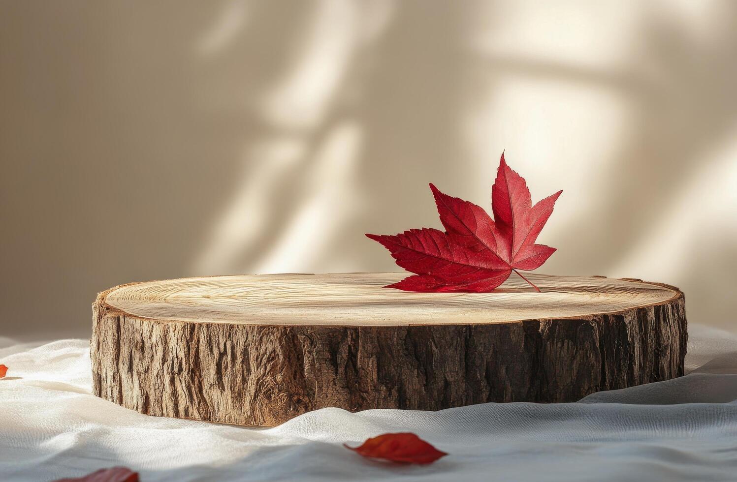 Autumn leaves resting on a wooden platform with soft shadows in natural light photo
