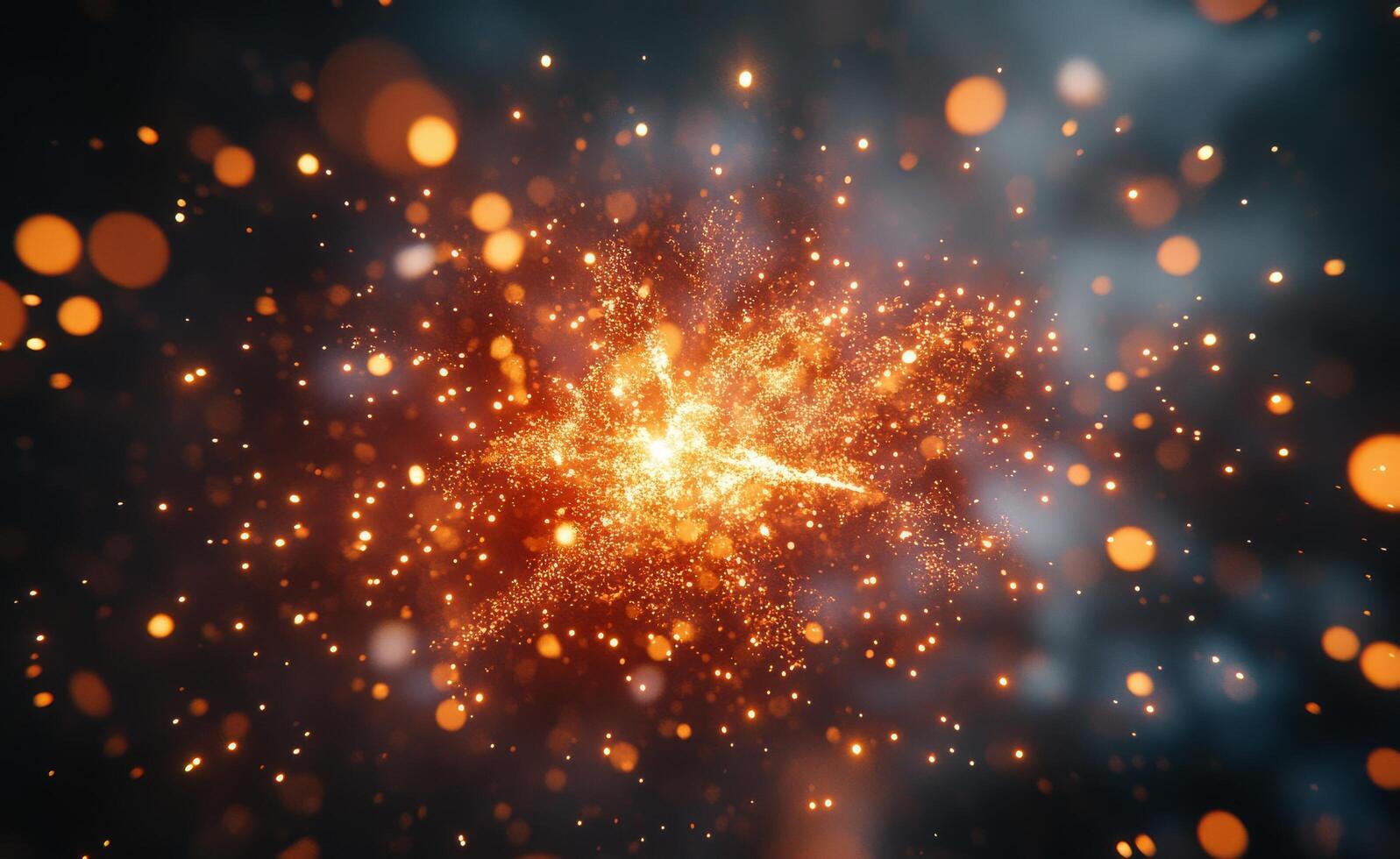 Abstract burst of orange and golden sparks against a dark background at night photo