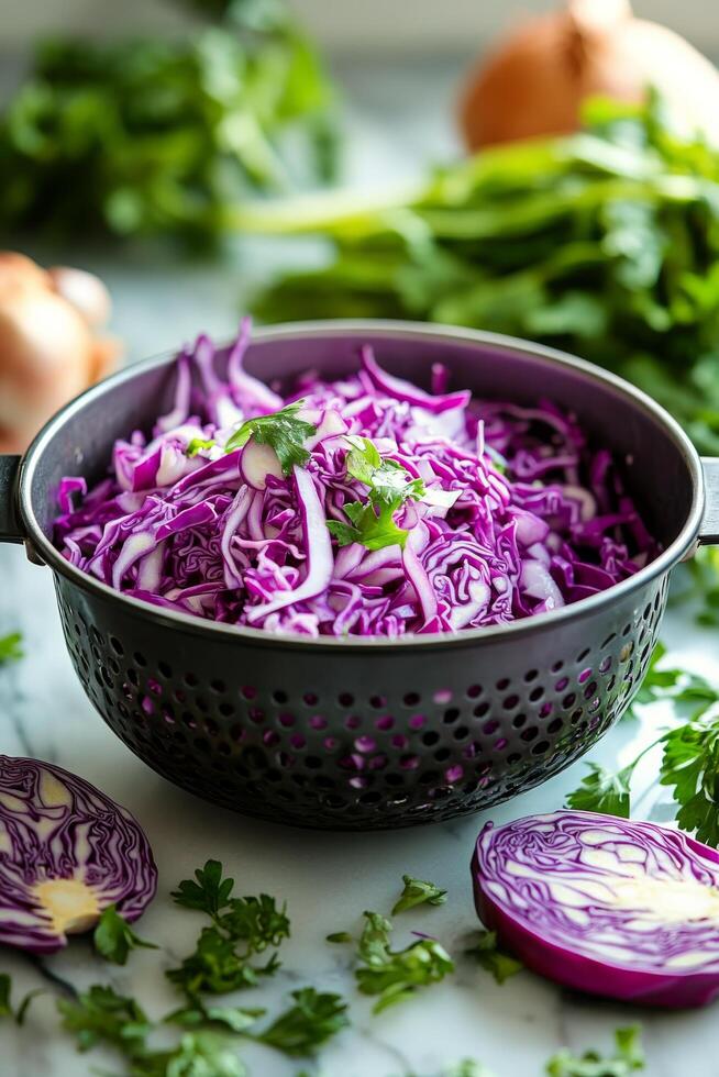 Chopped purple cabbage salad with fresh greens on a wooden cutting board photo