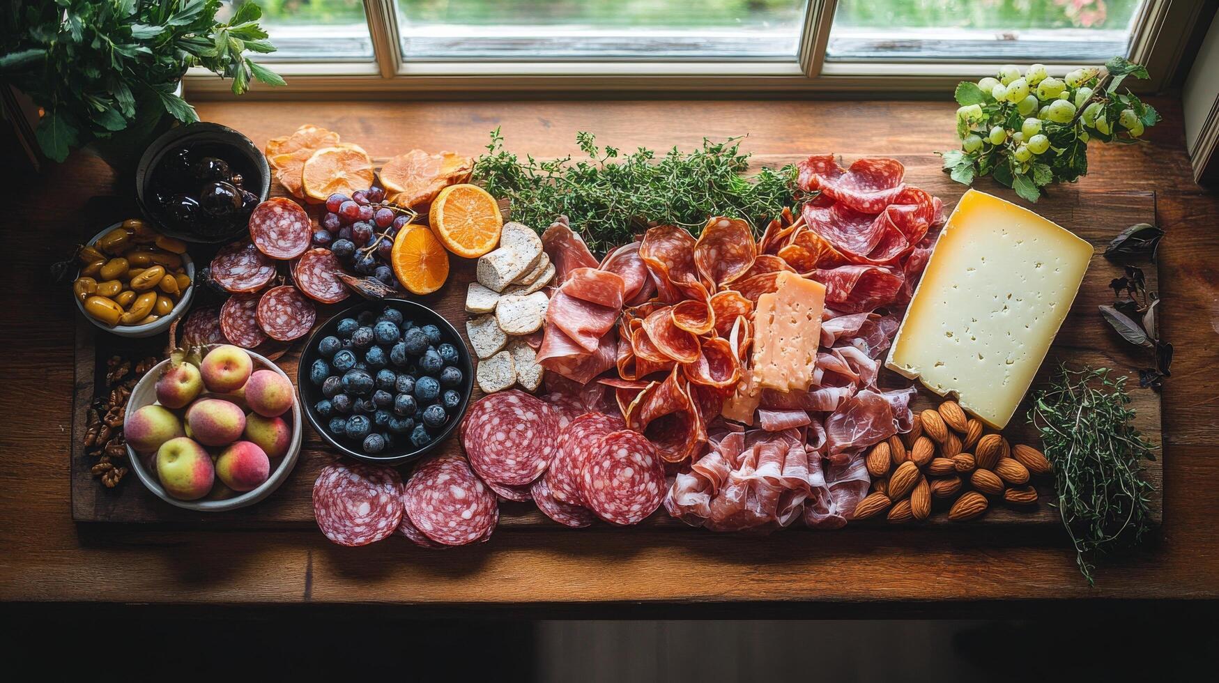 Charcuterie board featuring assorted meats, cheeses, fruits, and nuts on a wooden table photo