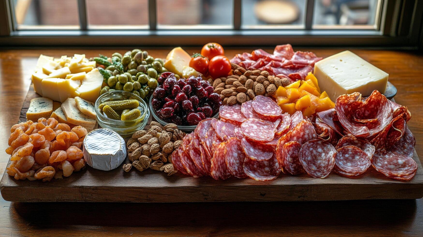 Charcuterie board featuring assorted meats, cheeses, fruits, and nuts on a wooden table photo