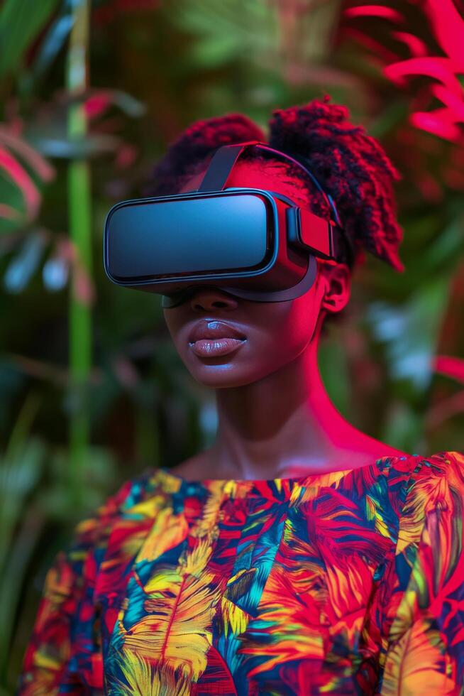 Woman using virtual reality headset in artistic indoor setting during daylight photo