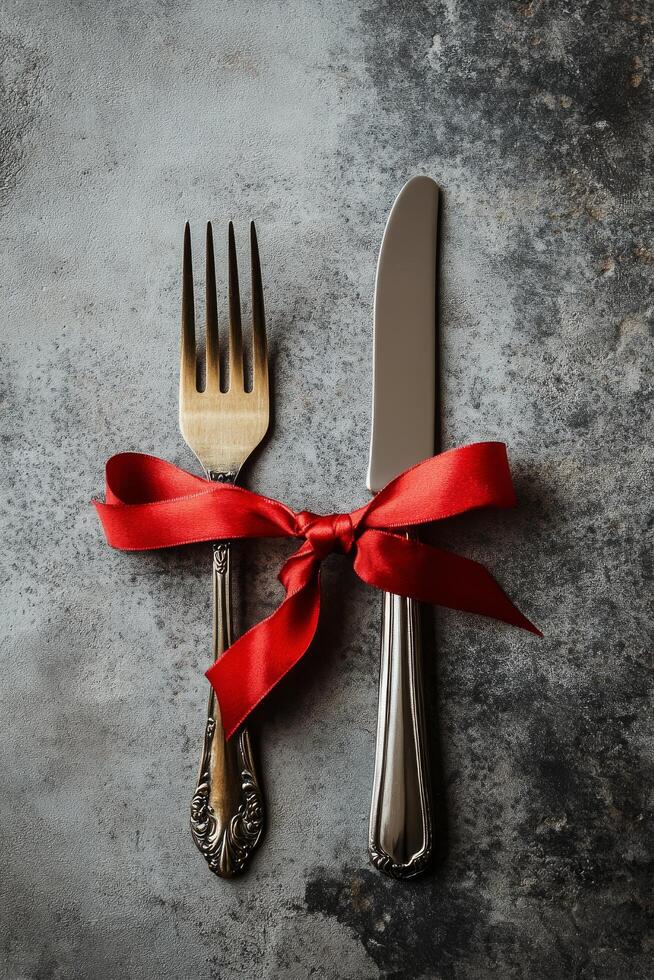 Cutlery with a red ribbon on a textured surface for a special occasion setting photo