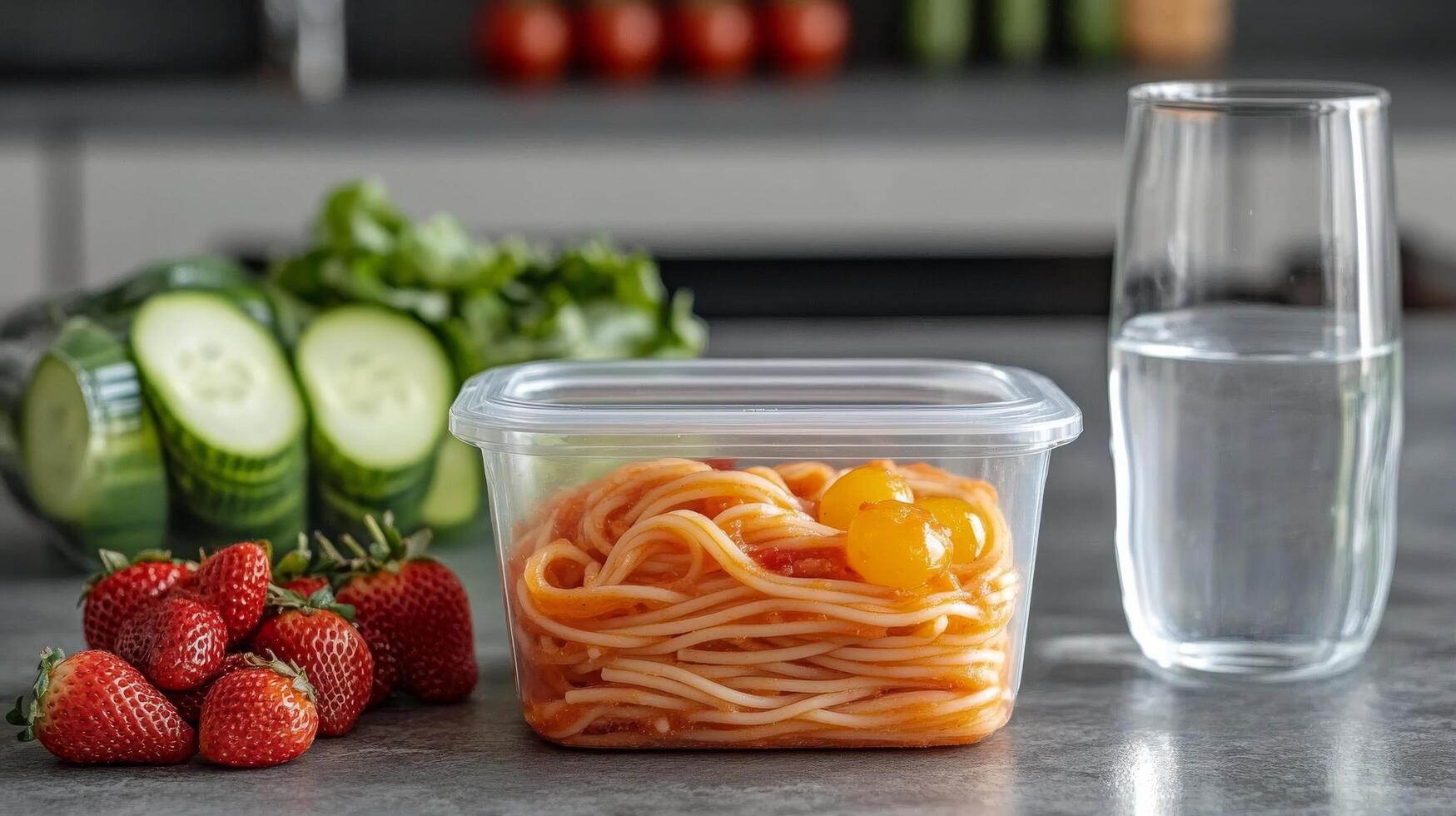 Freshly prepared spaghetti with sauce and ingredients on a kitchen countertop photo