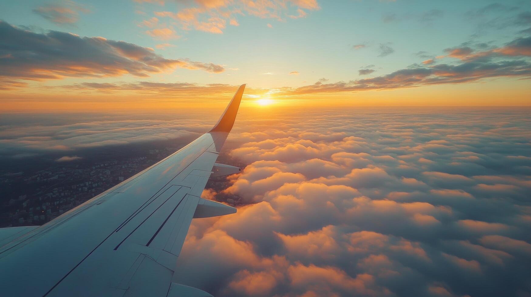 Sunrise view from an airplane window above the clouds during early morning flight photo