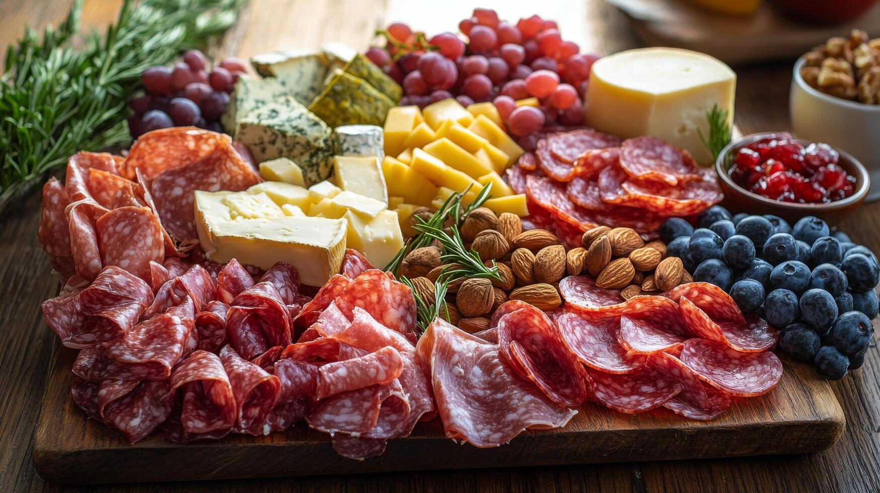 Charcuterie board featuring assorted meats, cheeses, fruits, and nuts on a wooden table photo