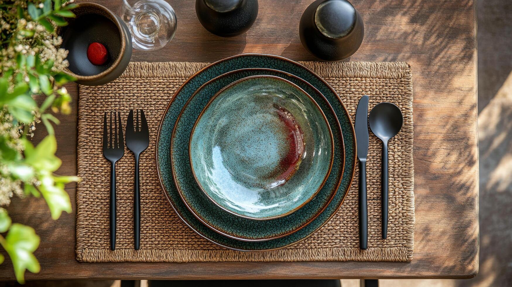 Table setting with orange plate and utensils on a rustic wooden surface photo