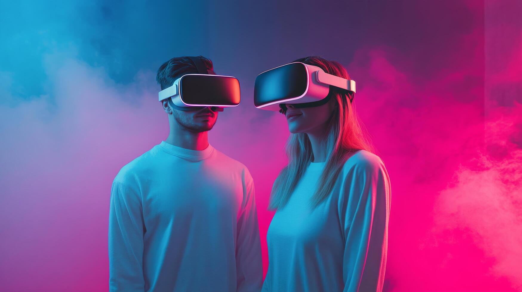 Young women in virtual reality headsets interact under neon lights at a modern event space photo