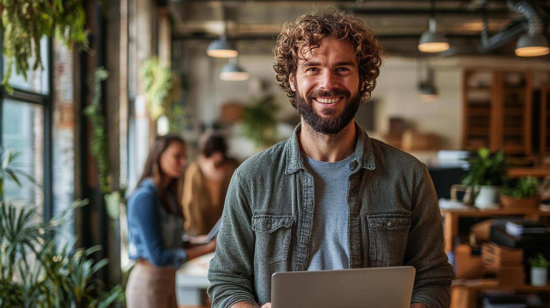 Professional man standing confidently with laptop in a modern office space photo
