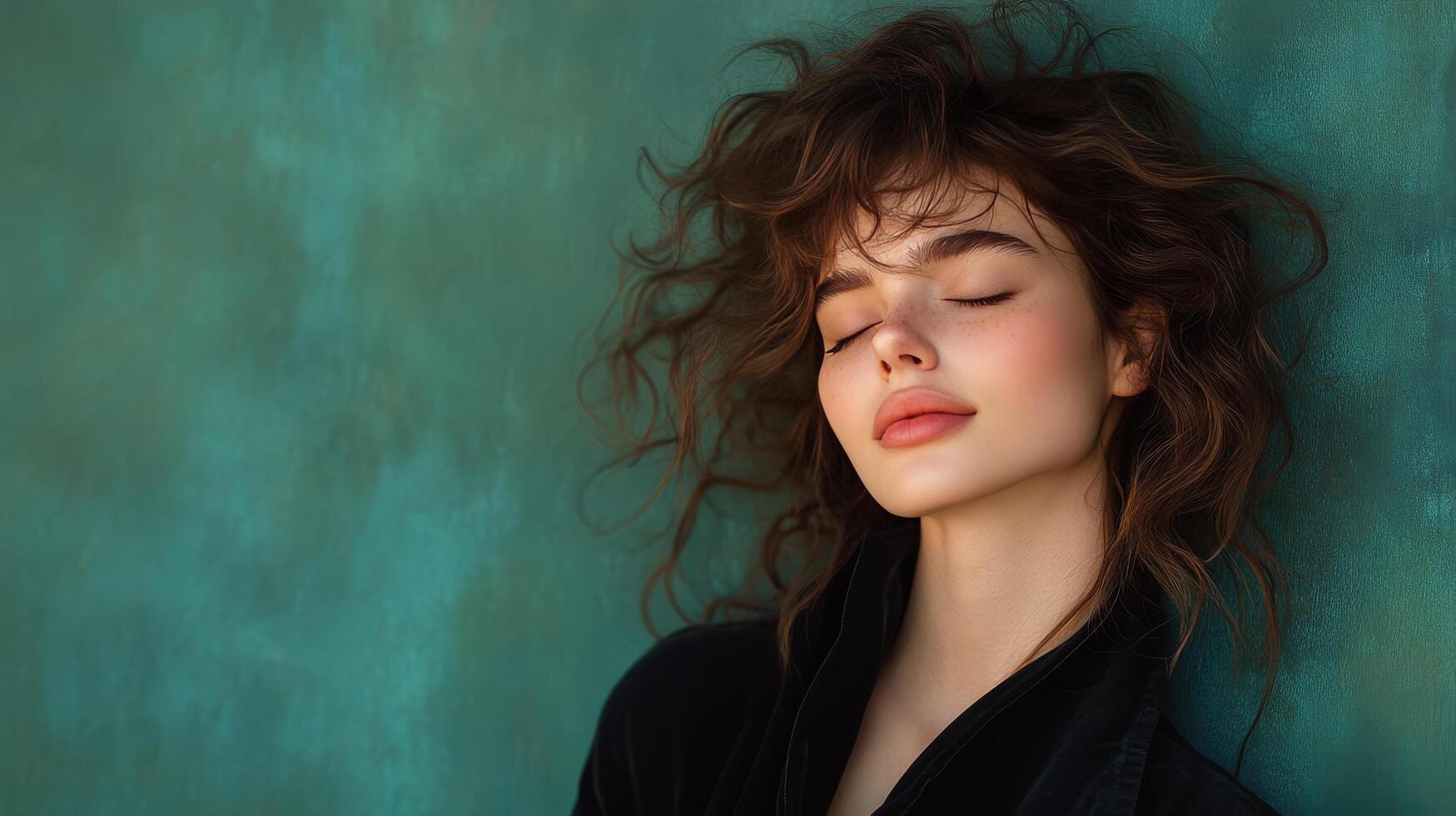 Young woman with curly hair poses gracefully against a green background in natural light photo