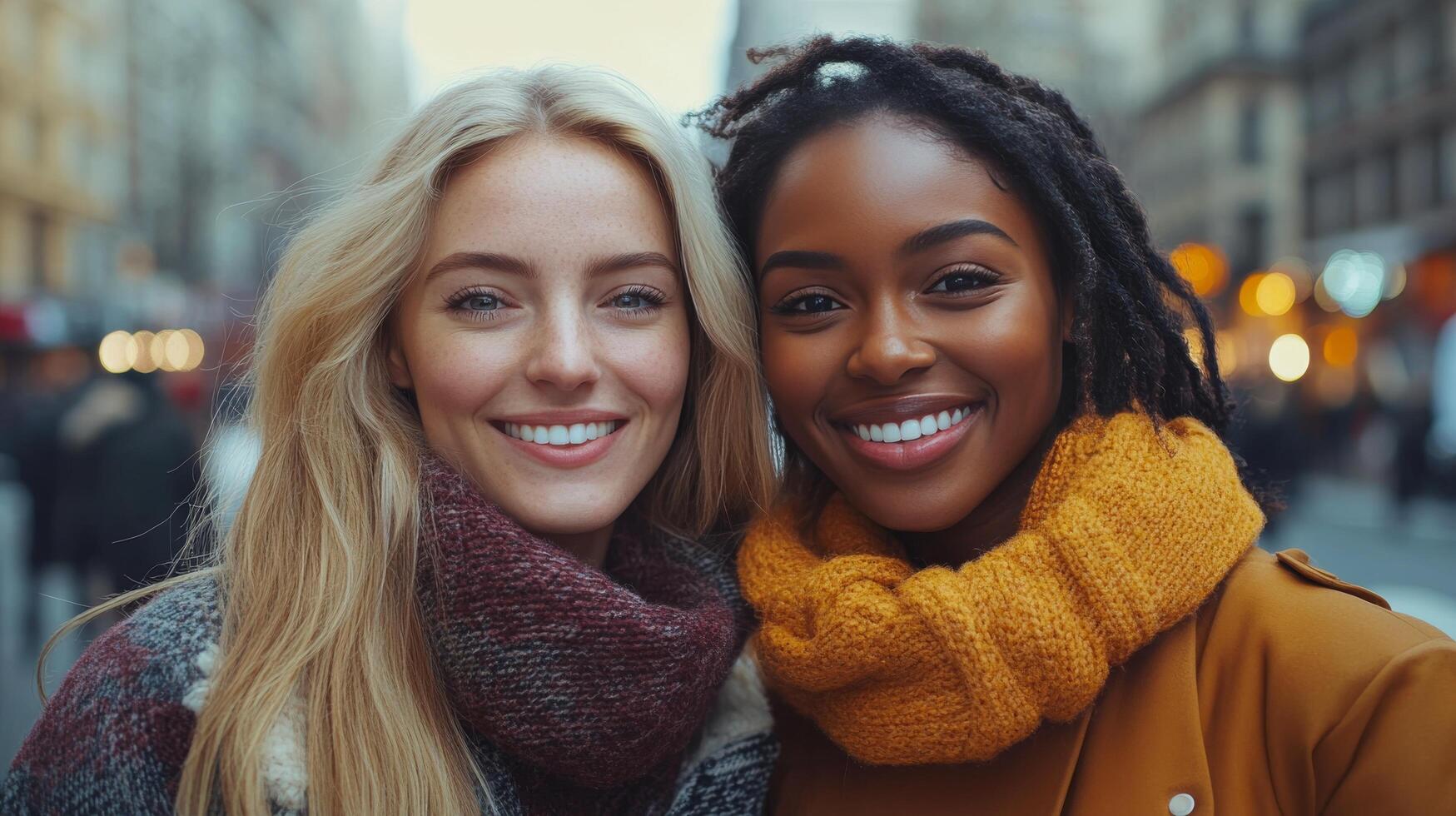 Two friends smiling together on a bustling city street in daylight photo
