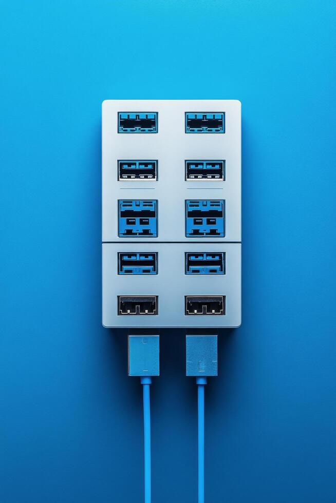 High-tech server rack with illuminated components against a blue background photo