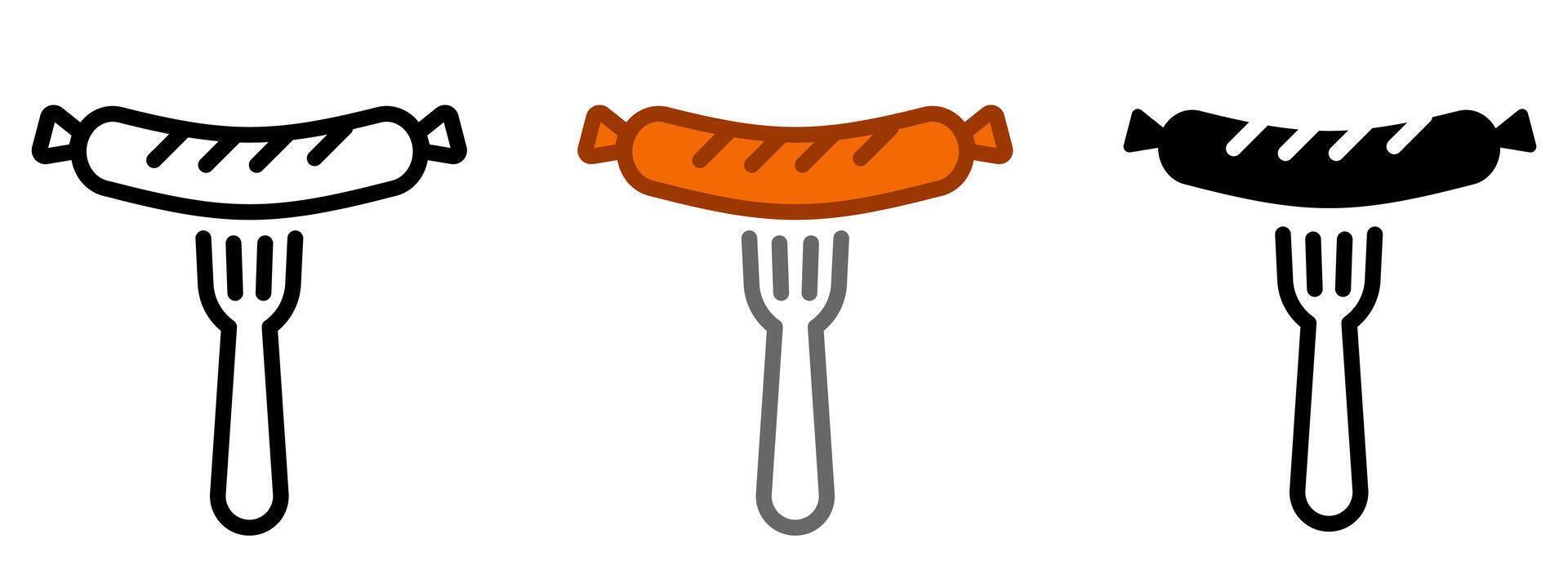 sausage on the fork icon. Fried frankfurter sign. Grilled Meat symbol. vector