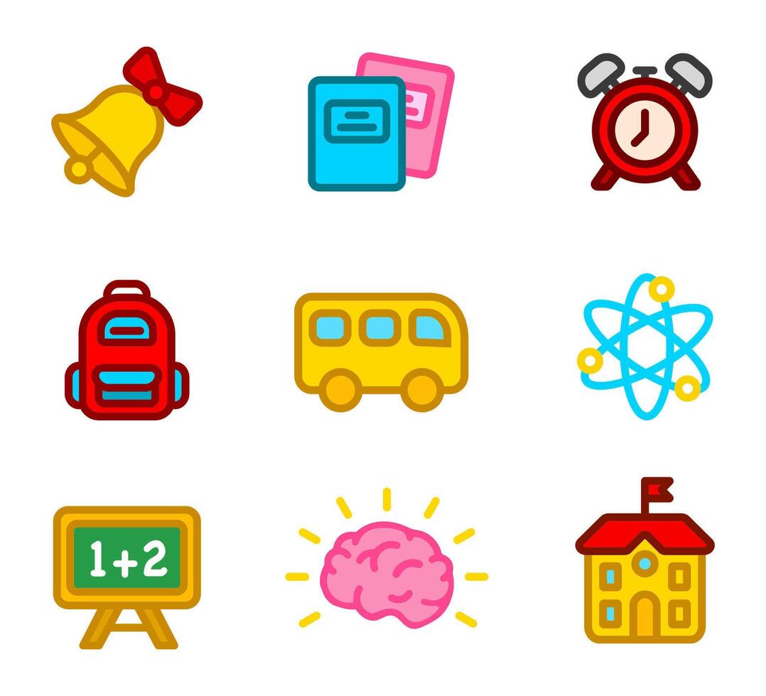 back to school color icon set. Student backpack sign. School building symbol. Yellow bus illustration. Classroom pictogram. vector