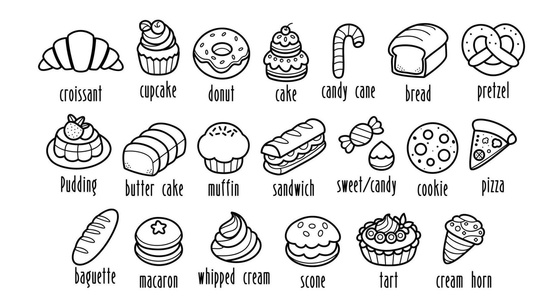 Collection of bakery and dessert icons with names, delicious hand drawn doodles, cute line art outlines. vector
