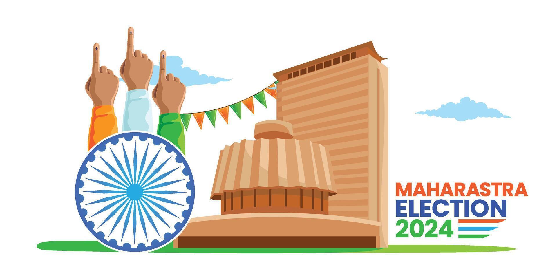 Maharashtra Election 2024 with Voting Hands and Assembly Building Illustration vector