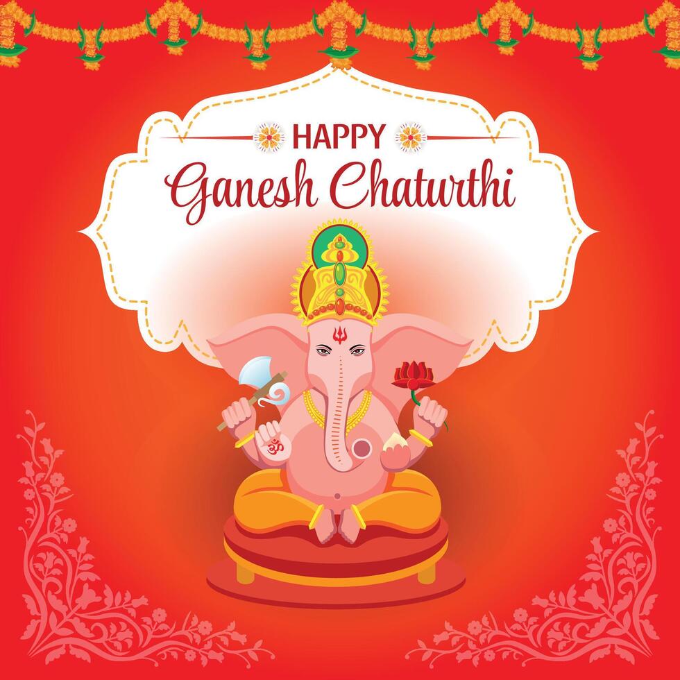Ganesh Chaturthi Greeting with Lord Ganesha Illustration on Vibrant Red Background vector