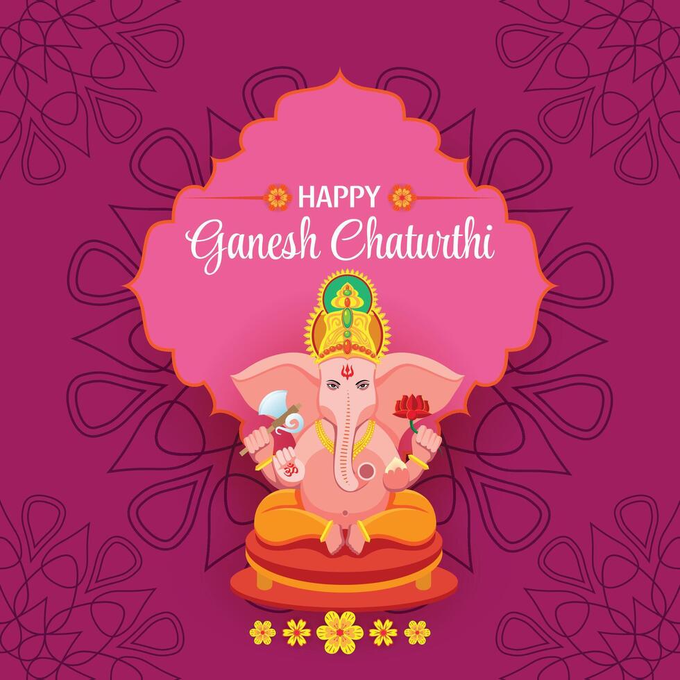 Ganesh Chaturthi Illustration with Lord Ganesha and Decorative Pink Floral Frame vector