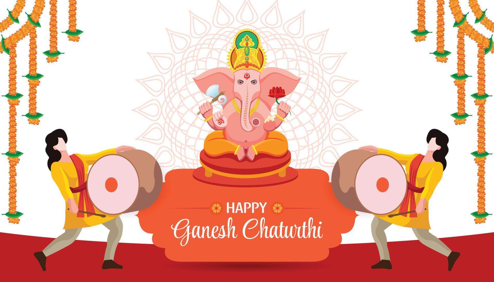 Festive Ganesh Chaturthi Greeting with Lord Ganesha and Dhol Players in Mandala Background vector