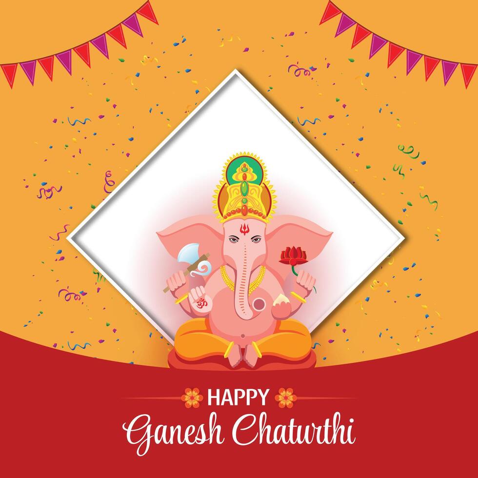 Ganesh Chaturthi Illustration with Ganesha and Festive Confetti on Yellow Background vector