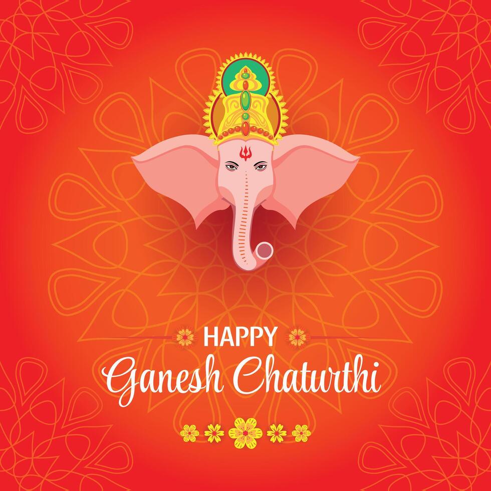 Ganesh Chaturthi Greeting with Lord Ganesha Illustration on Decorative Orange Background vector