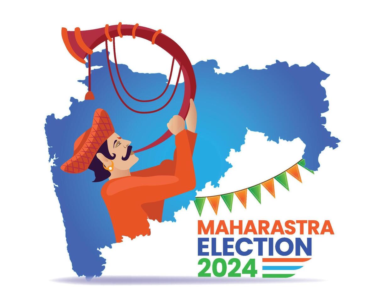Maharashtra Election 2024 Poster with Traditional Musician Blowing Tutari Horn Illustration vector