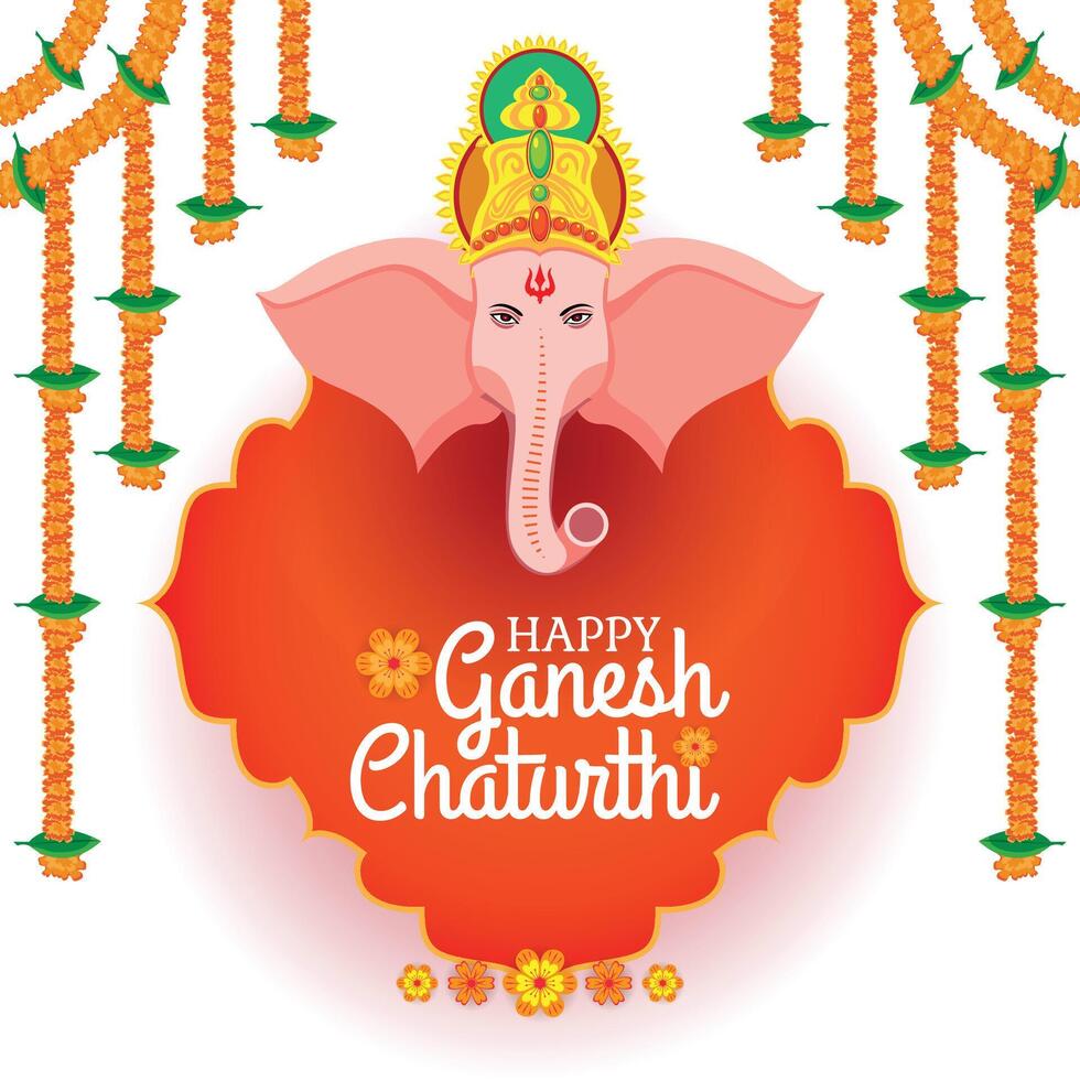 Happy Ganesh Chaturthi with Ganesha Artwork and Hanging Marigold Garlands vector